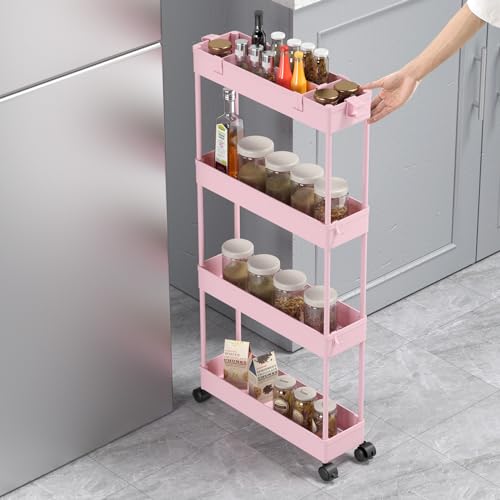 SPACELEAD Slim Storage Cart 4 Tier, Rolling Utility Cart for Bathroom & Kitchen, White Q18019