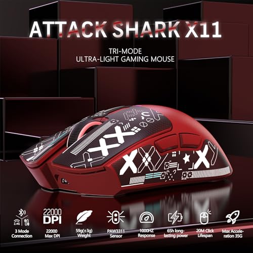 Attack Shark X11 59g Superlight Wireless Gaming Mouse with RGB Charging Dock, Black W869