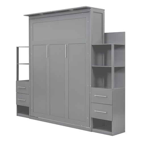 Queen Size Murphy Bed Wall Bed with Shelves, Gray R99857