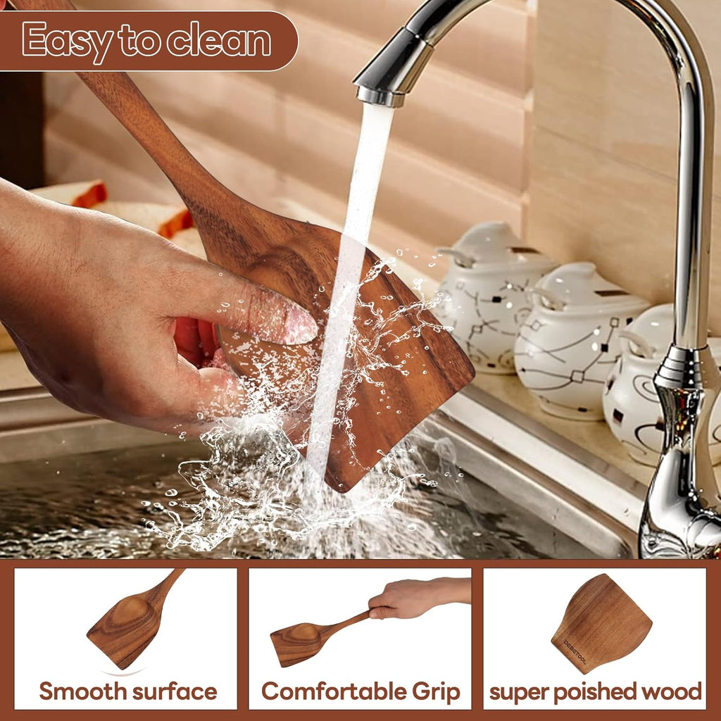 Natural Teak Wooden Spoon Set for Cooking with Utensil Holder R9060