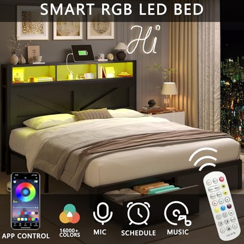 Farmhouse Full Bed Frame with Bookcase Headboard, LED Lights and Charging Station M527023