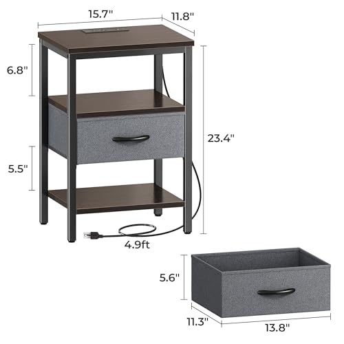 SUPERJARE Nightstand with Charging Station, Fabric Drawer, 3-Tier Storage, Walnut K366263