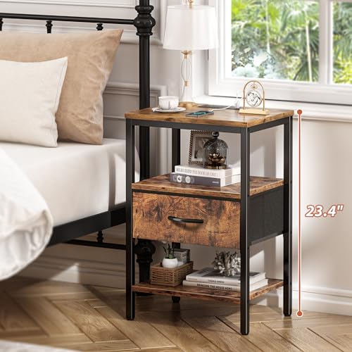 SUPERJARE Nightstand with Charging Station, Fabric Drawer, 3-Tier Storage, Walnut K366263