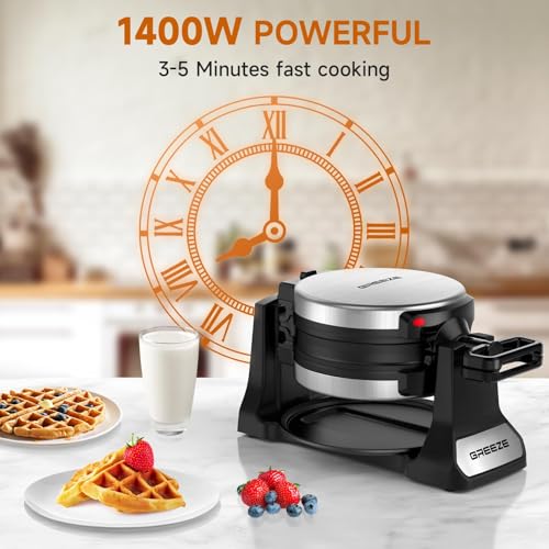 Double Belgian Waffle Maker 1400W, Rotating Nonstick Plates, Stainless Steel P913