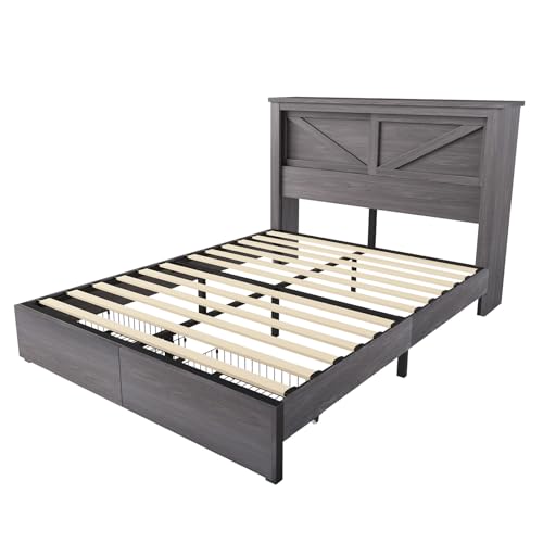 AMERLIFE King Bed Frame with Bookcase Headboard and Charging Station V4787