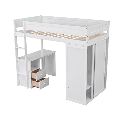 Full Size Loft Bed with Storage Wardrobe and Desk for Kids Teens Adults White K66587