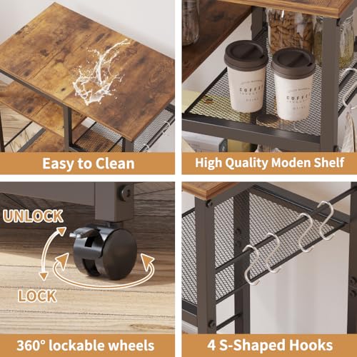 Rolling Kitchen Cart with Lockable Wheels, 4-Tier Microwave Stand W380
