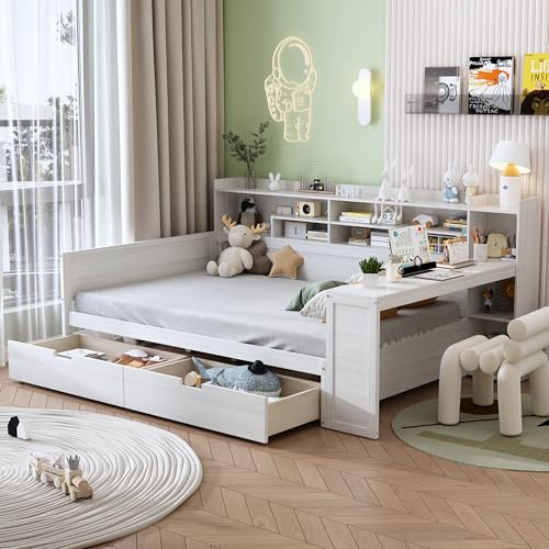 Bellemave Twin Corner Bed Frame with Storage Shelves and Desk, Gray L74206