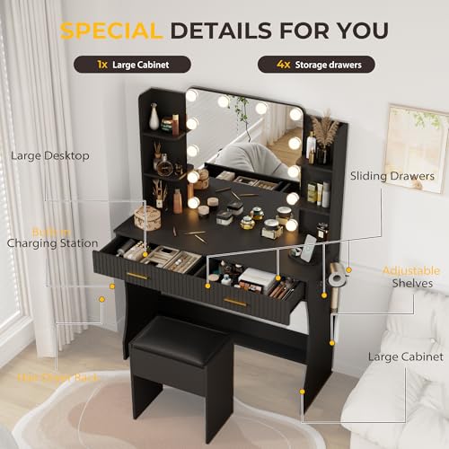 White Vanity Desk with LED Mirror and Storage Stool D5834