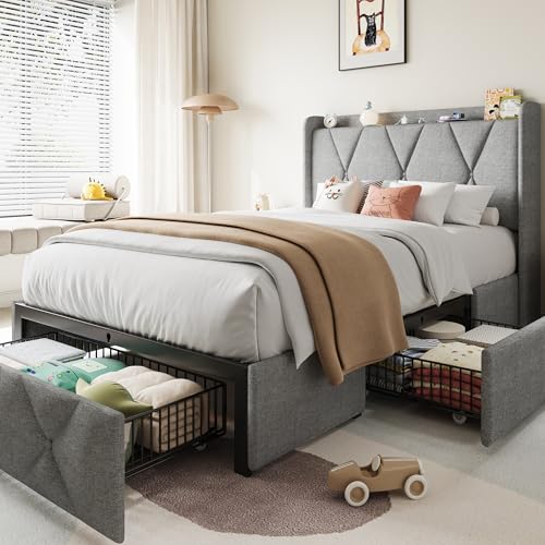 Queen Bed Frame with 4 Storage Drawers and Charging Station, Black S804993