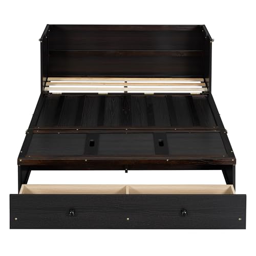 Queen Size Murphy Bed with Drawers and Charging Station, Espresso O1227