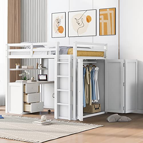 Harper & Bright Designs Full Loft Bed with Desk, Wardrobe, Solid Wood N868457