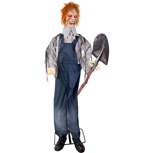 Haunted Hill Farm 5.25-ft Standing Gravekeeper Animatronic with Red LED Eyes and Sound Effects X9371