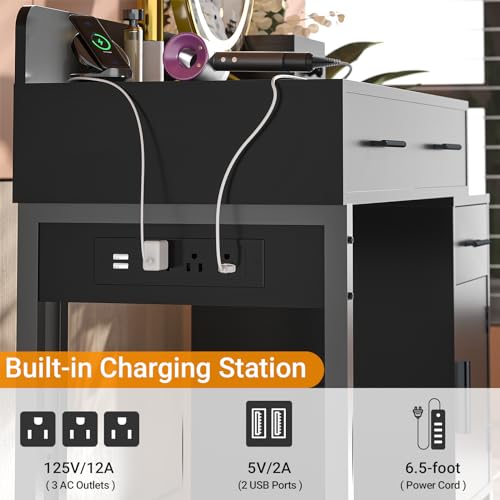 Black Vanity Desk with 4 Drawers and Charging Station O896