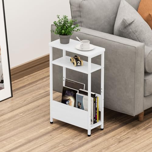 7.1" Narrow 3-Tier Side Table with Magazine Holder, Faux White Marble R580691