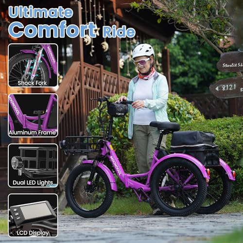 MOONCOOL Electric Tricycle for Adults, 500W 48V Folding 3-Wheel Bike with Basket O9027