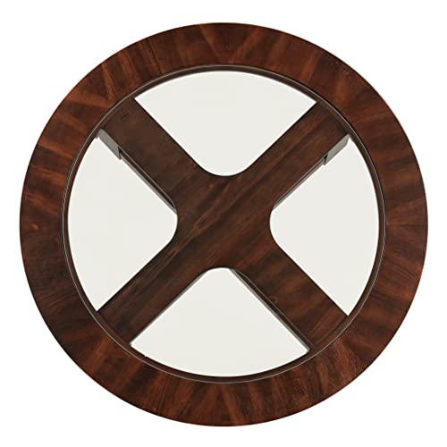 Roundhill Furniture Cylina Solid Wood Glass Top Round Coffee Table with 4 Stools F76357