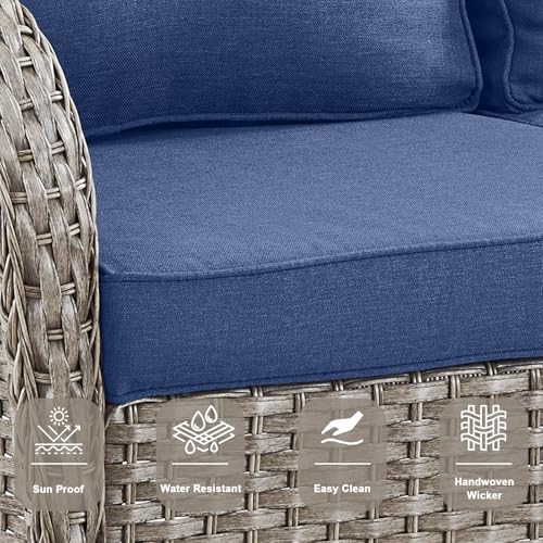 Outdoor Wicker Swivel Rocker Chairs Set of 2 with Rattan Side Table, Brown/Blue B592