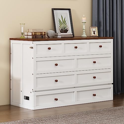 Ball & Cast Queen Size Solid Pine Murphy Bed with Charging Station, White + Walnut P2075