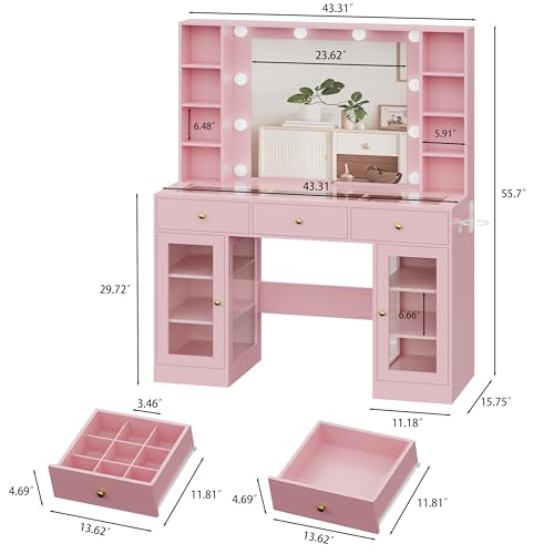 White Vanity Desk with Mirror and Lights, Glass Top, 3 Drawers V863482