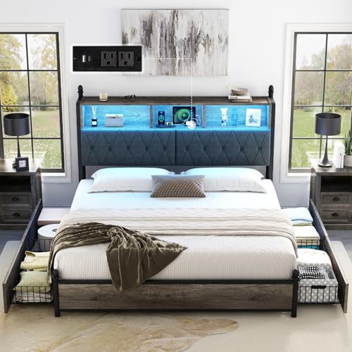 AMERLIFE Full Size Bed Frame with Bookcase Headboard, Charging Station, Rustic Brown H544