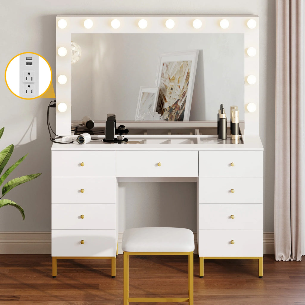 DWVO Vanity Table Set with Lighted Mirror, Charging Station & Stool D23790