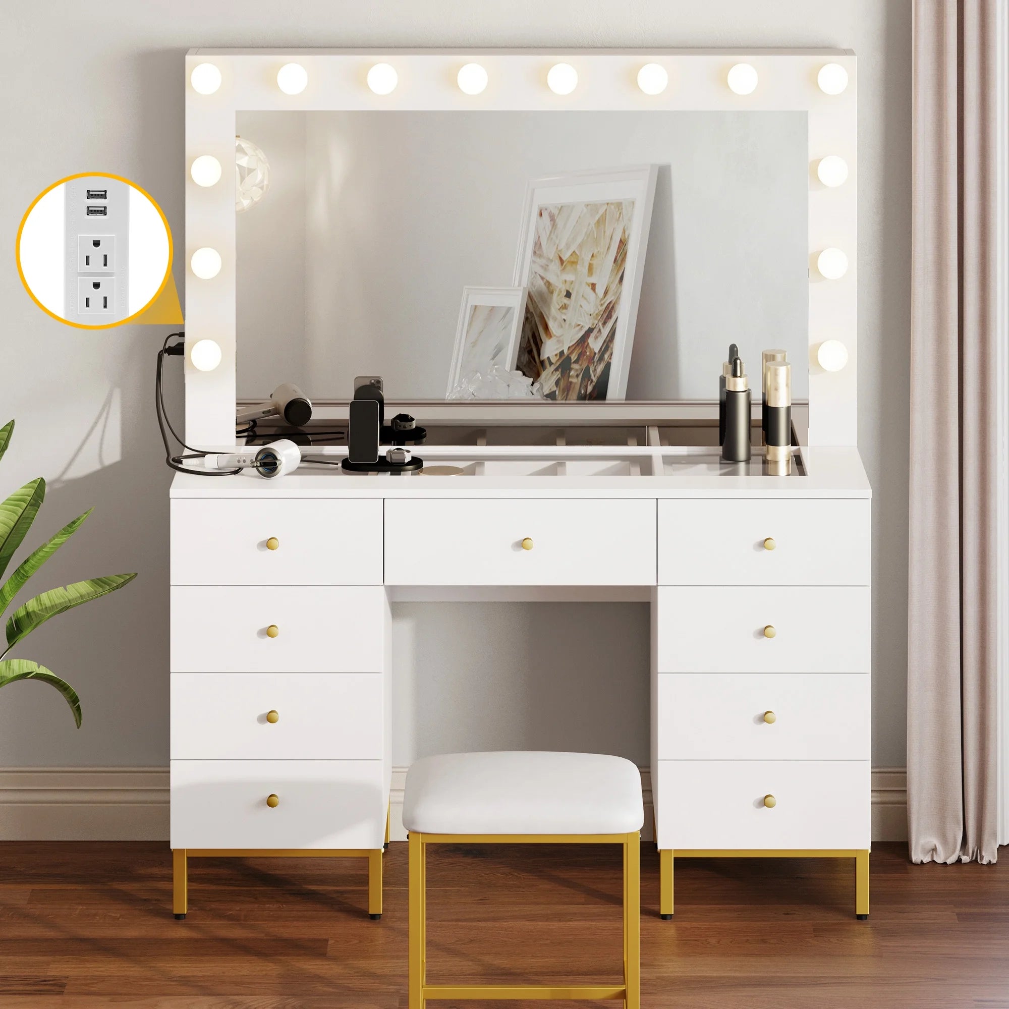 DWVO Vanity Table Set with Lighted Mirror, Charging Station & Stool D23790