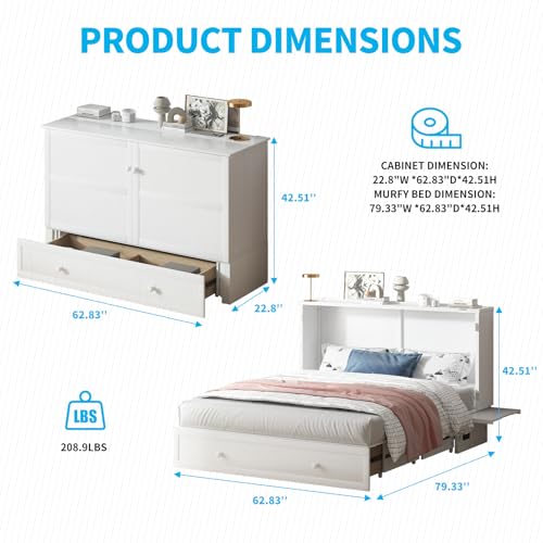 Mjkone Murphy Bed Queen Cabinet Bed with Tri-fold Mattress and USB Charging Station, White J746862