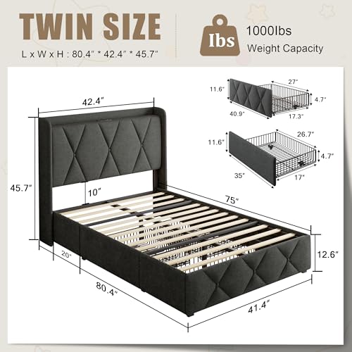 Queen Bed Frame with 4 Storage Drawers and Charging Station, Black S804993