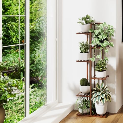 ROSSNY 48 Inch Tall 6-Tier Bamboo Plant Stand for Indoor Plants, Corner Plant Shelf, Natural W935552