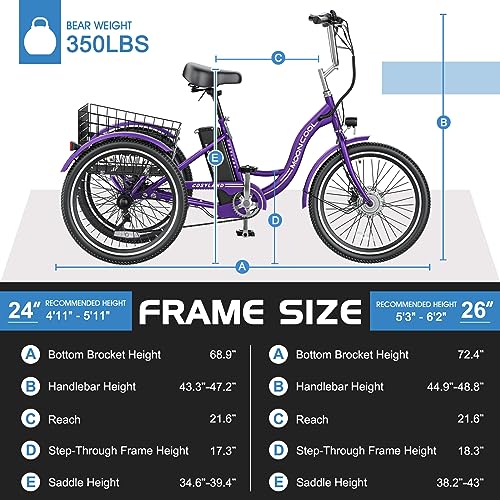 MOONCOOL Electric Tricycle for Adults 350W 36V Removable Battery 7 Speeds P222040