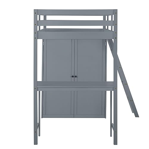 Harper & Bright Designs Full Size Loft Bed with Wardrobe and Desk, Solid Wood, White R4710