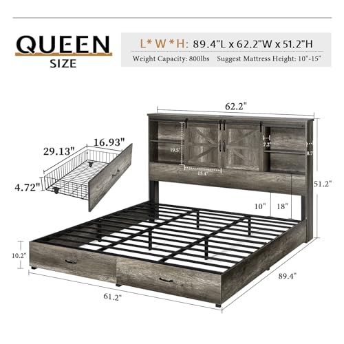 VanAcc Full Size Wooden Platform Bed with Bookcase Headboard and 2 Drawers O6158