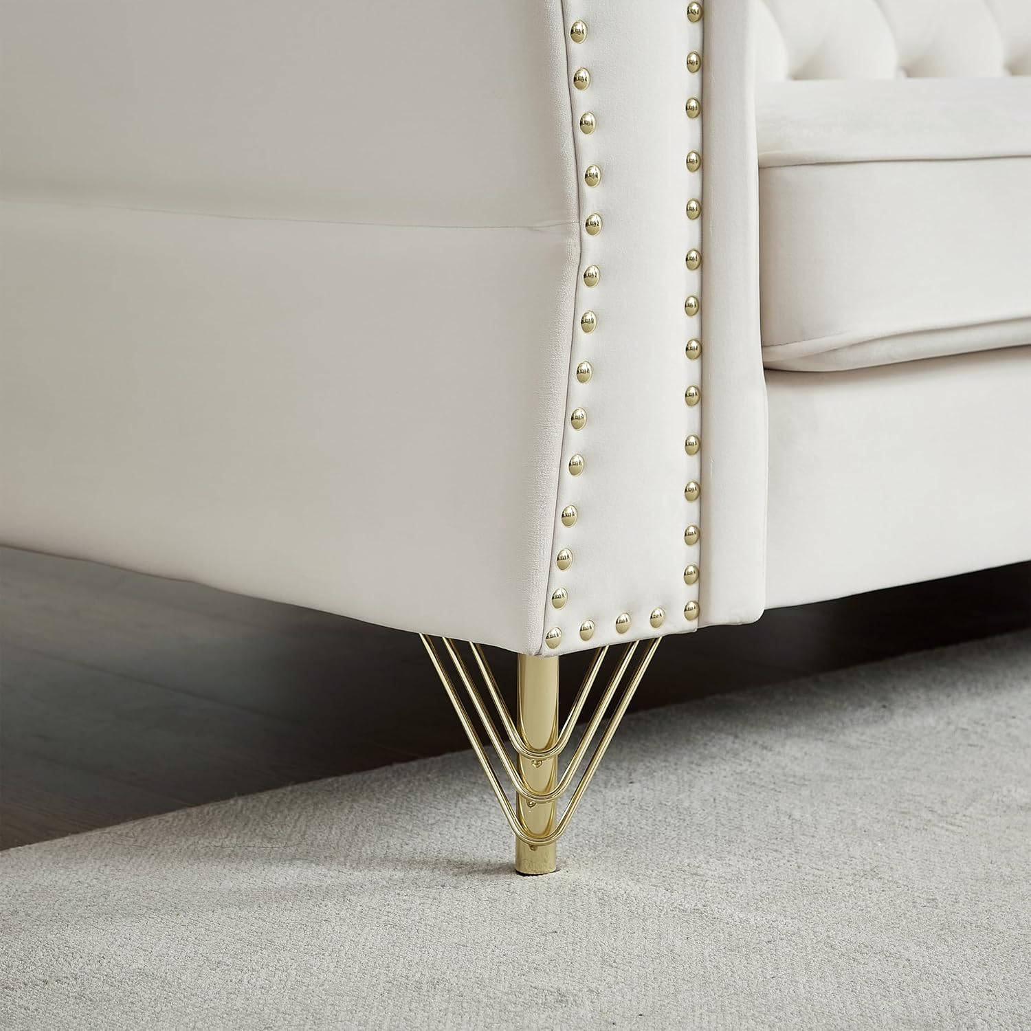 Chesterfield Sofa Grey Velvet 3 Seater Tufted Couch with Metal Foot and Nailhead N623406
