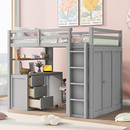 Harper & Bright Designs Full Loft Bed with Desk, Wardrobe, Solid Wood N868457