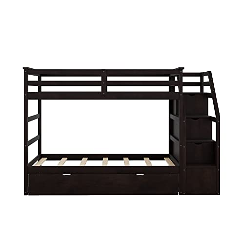 Twin-Over-Twin Bunk Bed with Trundle and Storage Stairs, White P5312