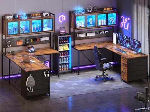 SEDETA L Shaped Gaming Desk with Drawers, LED Lights, and Power Outlet O3738