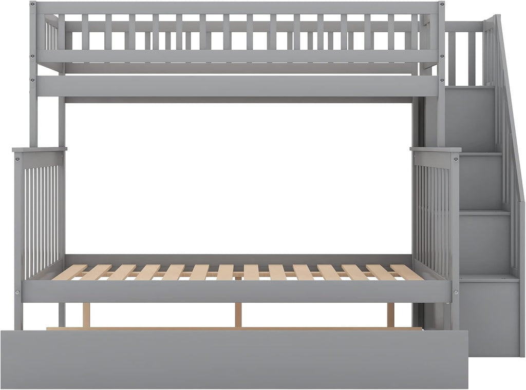 Twin Over Full Bunk Bed with Trundle, Wood Frame, Gray E6647