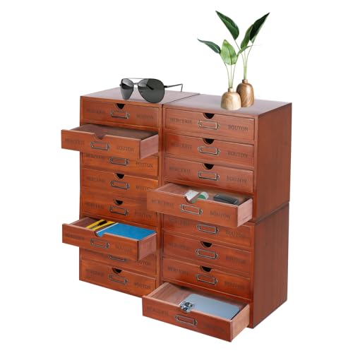 Vintage 16-Drawer Wooden Desktop Organizer with Iron Label Holders N538