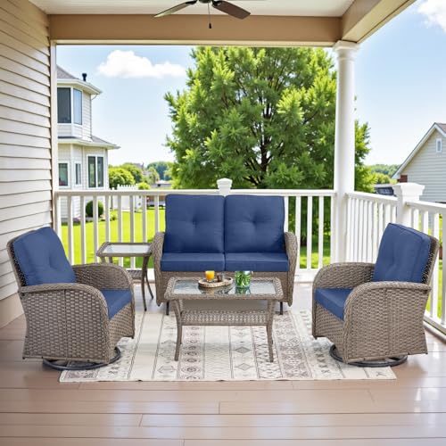 Outdoor Wicker Swivel Rocker Chairs Set of 2 with Rattan Side Table, Brown/Blue B592