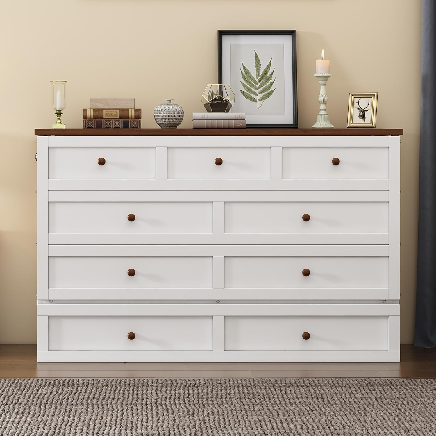 Murphy Bed Full Size with Drawer and Charging Station, White + Walnut Q53827
