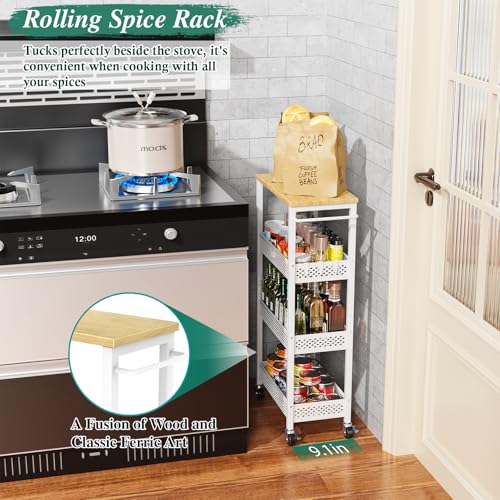 Utility Slim Storage Cart 4-Tier Rolling Cart with Wood Top A517006