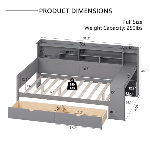 Bellemave Twin Corner Bed Frame with Storage Shelves and Desk, Gray L74206