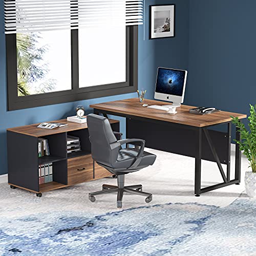 Tribesigns 63" Executive Desk with 47" Lateral File Cabinet, L-Shaped Computer Desk, Brown and Black N680173