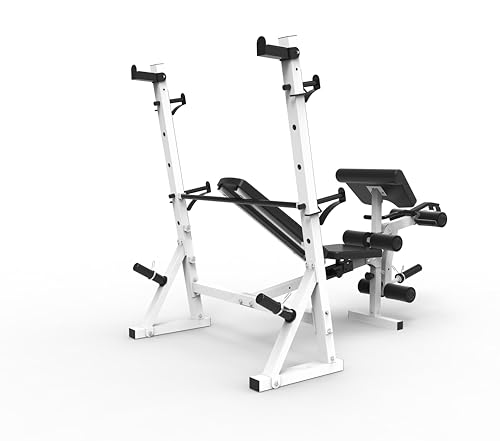 Marcy Olympic Workout Bench with Preacher Curl Pad and Weight Rack, White/Black R86365