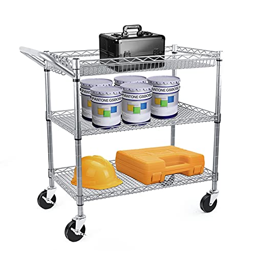 WDT Heavy Duty 3 Tier Utility Cart with Wheels, Commercial Grade Service Cart, 750LBS Capacity Silver L466