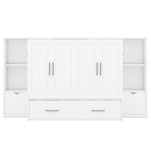 Ball & Cast Queen Size Solid Pine Murphy Bed with Charging Station, White + Walnut P2075
