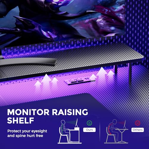 GTRACING 55 Inch Gaming Desk with LED Lights and Monitor Stand I9402