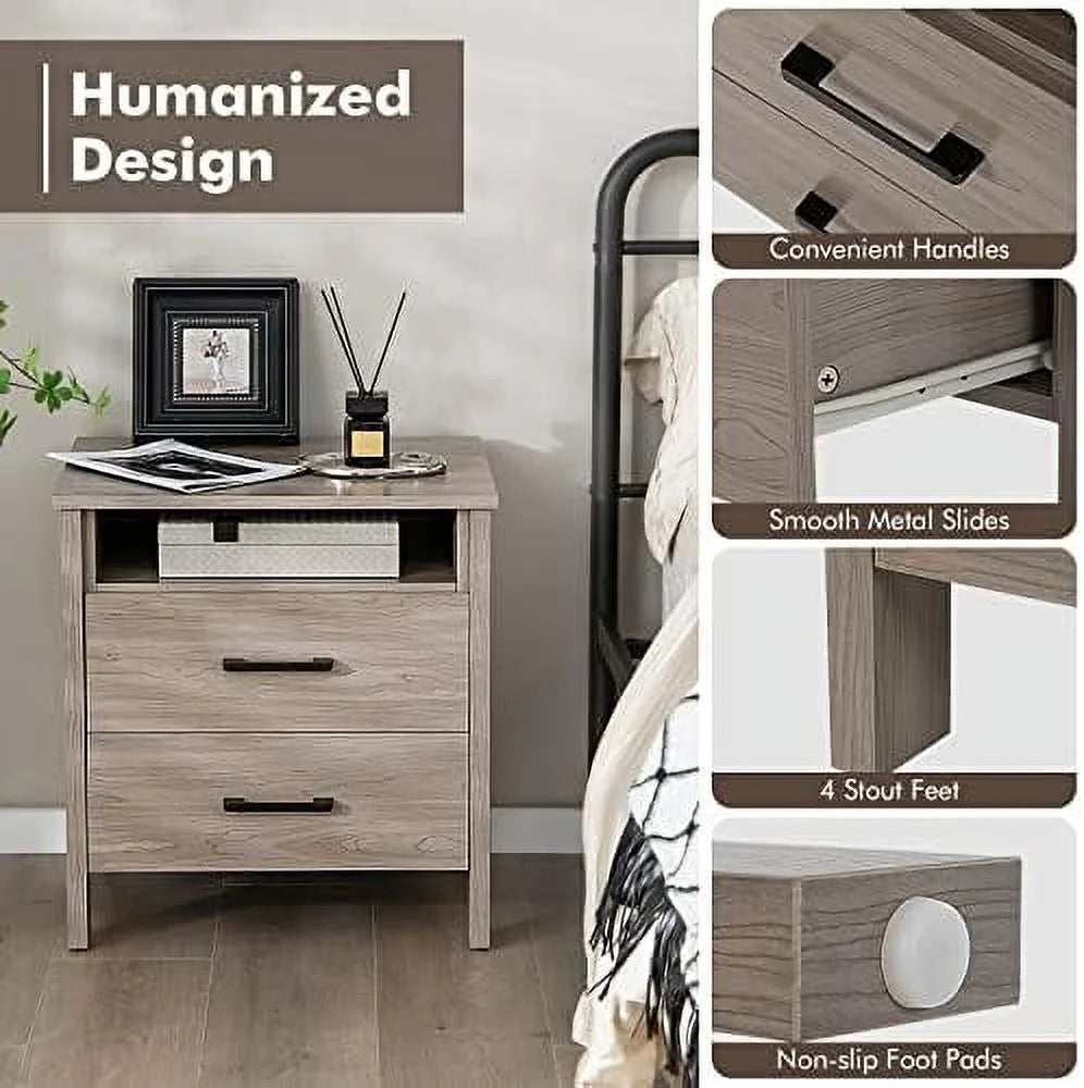 RUNFAYBIU Nightstand with 2 Drawers Wooden End Table Oak S202392
