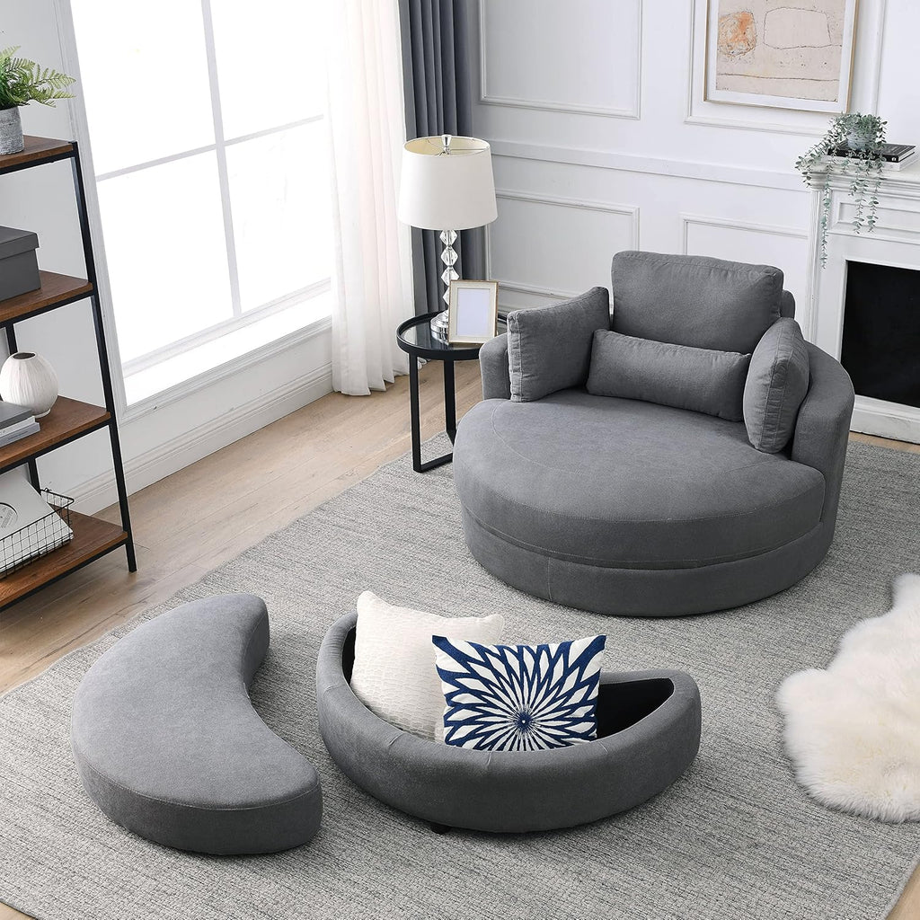 Welike Swivel Accent Barrel Chair with Ottoman, Dark Grey Linen Fabric I52821